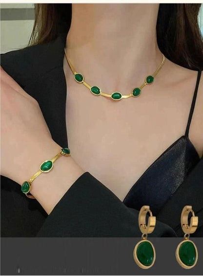 Oval Green Crystal Pendant Necklace Set | 🔥Free Bracelet🔥
